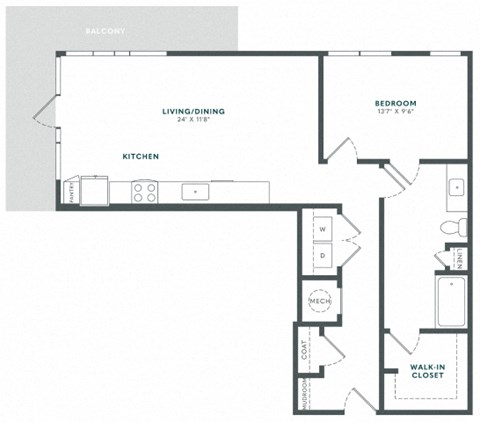 Floor plan for 1 bed, 1 bath, 900 sqft